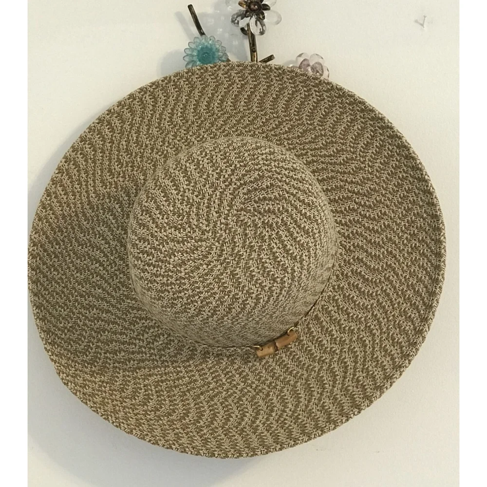 Nine & Co Floppy Sun Hat Nine West Decorative Band Bamboo Bead Woven Beige Tan